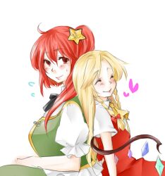  2girls ^_^ ahoge alternate_hair_length alternate_hairstyle back-to-back blonde_hair blush bow braid breasts closed_eyes commentary_request crystal flandre_scarlet flying_sweatdrops hair_ornament hairbow hairstyle_switch heart hong_meiling hzmx large_breasts long_hair looking_at_viewer multiple_girls ponytail puffy_short_sleeves puffy_sleeves red_eyes red_hair short_hair short_sleeves side_ponytail smile star_(symbol) sweatdrop touhou twin_braids white_background wings 