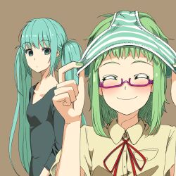  2girls aqua_eyes aqua_hair bad_id bad_pixiv_id bespectacled couzone empty_eyes female_pervert glasses green_hair gumi hatsune_miku long_hair multiple_girls object_on_head panties panties_on_head pervert photoshop_(medium) short_hair smile striped_clothes striped_panties underwear vocaloid 