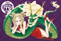  blue_eyes brown_hair chibikko_(morihito) china_dress chinese_clothes commentary_request double_bun dragon dress eastern_dragon female hair_bun high_heels long_hair morihito original shoes solo thick_eyebrows 