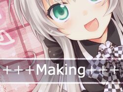  :d apron bad_id bad_pixiv_id black_apron blush bow bowtie checkered_bow checkered_bowtie checkered_clothes close-up dutch_angle female grey_hair haiyore!_nyaruko-san how_to kousetsu long_hair looking_at_viewer nyarlathotep_(nyaruko-san) oerba_yun_fang open_mouth smile solo tareme upper_body 