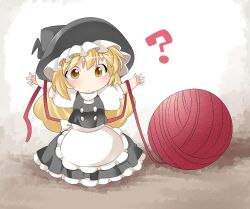  ? apron bad_id bad_pixiv_id blonde_hair blush chibi curious dress female hammer_(sunset_beach) hat kirisame_marisa long_hair looking_at_viewer mini_person minigirl miniskirt no_nose outstretched_arms skirt solo string string_of_fate touhou waist_apron witch_hat yarn yarn_ball yellow_eyes 