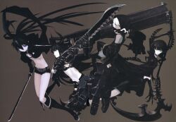  4girls absurdres black_gold_saw black_rock_shooter black_rock_shooter_(character) black_shorts blue_eyes blue_hair boots dead_master glowing glowing_eye highres horns huke king_saw long_hair midriff multiple_girls navel no_shirt scar shorts strength_(black_rock_shooter) sword twintails weapon white_hair 