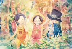  3boys bandage bandaid black_hair blonde_hair brother brothers clothes_writing east_blue freckles goggles happy hat lolicon male male_focus missing_tooth monkey_d_luffy multiple_boys one_piece outdoors plant pole portgas_d_ace sabo_(one_piece) siblings sirius0512 smile straw_hat top_hat tree younger 