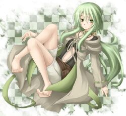  barefoot belt blush caam_serenity_of_gusto checkered commentary_request duel_monster female green_eyes green_hair highres jewelry navel necklace ponytail robe shintani_tsushiya sidelocks solo yu-gi-oh! 