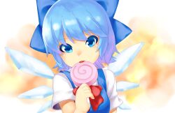  blue_dress blue_eyes blue_hair bow candy cirno commentary_request dress female food hair_ribbon head_tilt highres lollipop looking_at_viewer multicolored_background photoshop_(medium) ribbon sankyaku_tako short_hair short_sleeves solo star_(symbol) tongue touhou upper_body white_background wings 