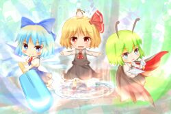  3girls animal antennae aqua_eyes ascot bird blonde_hair blue_eyes blue_hair blush bow cape cirno commentary_request food green_hair hair_ribbon hairbow kunai long_skirt long_sleeves magic_circle multiple_girls oerba_yun_fang open_mouth outstretched_arms popsicle red_eyes ribbon rumia short_hair short_sleeves skirt smile touhou umi_suzume weapon wriggle_nightbug 