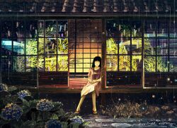  architecture black_hair closed_eyes commentary_request east_asian_architecture female flower gemi hydrangea night original outdoors photoshop_(medium) rain sandals sitting sliding_doors solo tanabata tanzaku tree veranda 