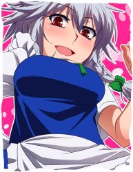  apron bad_id bad_pixiv_id blush bow braid commentary_request female grey_hair hairbow hayashi_custom izayoi_sakuya open_mouth photoshop_(medium) red_eyes short_hair short_sleeves solo touhou twin_braids 