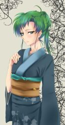  alternate_hairstyle bad_id bad_pixiv_id blush cowboy_shot female fire_emblem fire_emblem:_the_blazing_blade green_eyes green_hair hair_bun hair_up japanese_clothes kimono light_smile lyn_(fire_emblem) sajittari single_hair_bun solo 