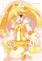  ameto_yuki bad_id bad_pixiv_id bike_shorts bike_shorts_under_skirt blonde_hair blush boots bow choker cure_peace female hair_flaps hair_ornament long_hair magical_girl one_eye_closed open_mouth orange_choker ponytail precure shorts skirt smile smile_precure solo v wrist_cuffs yayoi_kise yellow_bow yellow_eyes yellow_shorts yellow_skirt yellow_theme 