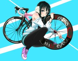  bare_shoulders bicycle blush commentary_request female green_eyes green_hair katou_(tokyo_jitensha_shoujo.) kneeling looking_at_viewer official_art pantyhose shoes short_shorts shorts solo tokyo_jitensha_shoujo. wadapen 