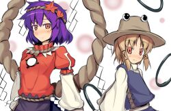  2girls blonde_hair blush hair_ornament hat hinami_(hinatamizu) leaf long_sleeves maple_leaf mirror moriya&#039;s_iron_rings moriya_suwako multiple_girls purple_hair pyonta red_eyes rope shimenawa short_hair touhou wide_sleeves yasaka_kanako 