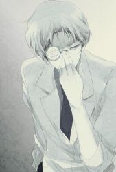  1boy adjusting_eyewear bad_id bad_pixiv_id bishoujo_senshi_sailor_moon bishoujo_senshi_sailor_moon_s collared_shirt glasses greyscale hand_on_eyewear lab_coat long_sleeves male_focus monochrome round_eyewear saki_(hxaxcxk) shirt solo tomoe_souichi white_theme 