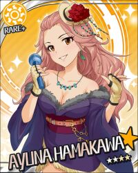  artist_request belt breasts brown_eyes card_(medium) character_name cleavage earrings female fingerless_gloves gloves hamakawa_ayuna hat idolmaster idolmaster_cinderella_girls jewelry jpeg_artifacts long_hair medium_breasts microphone necklace off_shoulder official_art pink_hair smile solo sun_symbol 