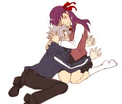  1boy between_breasts breast_smother breasts commentary_request face_to_breasts fate/stay_night fate/zero fate_(series) female grey_hair hair_ribbon head_between_breasts homurahara_academy_school_uniform hood hoodie hug long_hair matou_kariya matou_sakura narusasu purple_hair ribbon school_uniform straight teenage time_paradox uncle_and_niece white_hair 