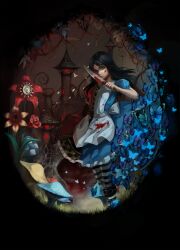  alice:_madness_returns alice_liddell_(american_mcgee&#039;s_alice) alternate_costume american_mcgee&#039;s_alice bad_id bad_pixiv_id belt black_hair blue_butterfly boots bug butterfly dress female gloves green_eyes highres jewelry knife necklace red_eyes solo thighhighs tower venus_symbol yii_(949244562) 