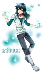  1boy aqua_eyes black_hair boots character_name commentary_request dragon_ryuuhou long_hair male_focus partial_commentary raglan_sleeves riko_(pixiv415667) saint_seiya saint_seiya_omega smile solo 