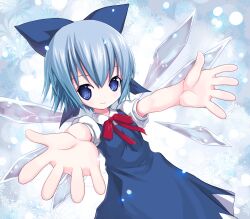  blue_eyes blue_hair bow cirno commentary_request female hands ice ice_wings kiira outstretched_arms photoshop_(medium) ribbon short_hair smile solo touhou wings 