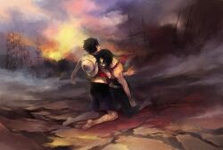  barefoot black_hair blood brother brothers death falling family hat jewelry kneeling male male_focus marineford monkey_d_luffy multiple_boys necklace one_piece outdoor outdoors portgas_d_ace red_vest ruins scenery ship shorts siblings smoke straw_hat topless wide-eyed wide_eyes 