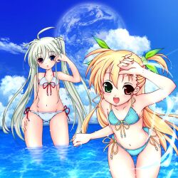  2girls bikini blonde_hair commentary_request einhard_stratos green_hair heterochromia long_hair lyrical_nanoha mahou_shoujo_lyrical_nanoha_vivid multiple_girls rizu_(zero-hime) swimsuit twintails vivio 