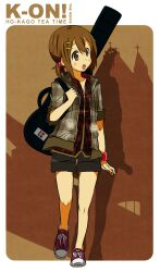  :o alternate_costume brown_eyes brown_hair commentary_request dress_shirt female guitar_case hair_ornament hairclip hirasawa_yui instrument_case jacket k-on! k-on!_movie myuto_(advent_retribution) open_mouth round_teeth shirt sleeves_rolled_up solo teeth wristband 