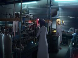  2girls beaker black_hair blonde_hair cable canister chair chemistry coat commentary_request dark erlenmeyer_flask flask fluorescent_lamp glowing highres holding industrial_pipe lab_coat lab_condenser laboratory lamp living multiple_girls original photorealistic realistic scenery science standing tools trench_coat vial 