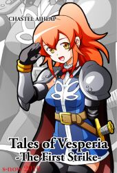  armor belt breasts character_name chastel_aiheap copyright_name female gloves long_hair open_mouth orange_hair ponytail tales_of_(series) tales_of_vesperia tales_of_vesperia:_the_first_strike thighhighs title_drop yellow_eyes 