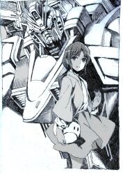  commentary_request female greyscale gundam highres holding long_hair mecha monochrome nobita_(makoto7060355) robot shakti_kareen solo traditional_media v_gundam victory_gundam 