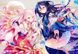  2girls black_hair blush commentary_request detached_sleeves egasumi fox_mask hair_ornament hand_fan ibara_riato japanese_clothes long_hair long_sleeves mask multiple_girls open_mouth original outstretched_arm petals pink_eyes polearm shirt skirt smile staff weapon white_hair wide_sleeves yellow_eyes 