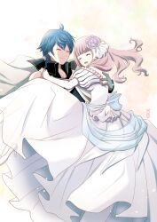  1boy :d blue_hair bride carrying chrom_(fire_emblem) closed_eyes commentary_request couple dress female fire_emblem fire_emblem_awakening flower hair_flower hair_ornament husband_and_wife long_hair machinosuke open_mouth pink_hair princess_carry robin_(female)_(fire_emblem) robin_(fire_emblem) short_hair smile straight wedding_dress 