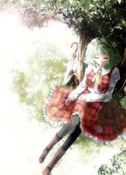  ascot black_pantyhose boots closed_eyes closed_umbrella commentary_request cross-laced_footwear female green_hair highres kazami_yuuka kazetto pantyhose photoshop_(medium) plaid plaid_skirt plaid_vest short_hair skirt sleeping solo touhou tree umbrella vest 