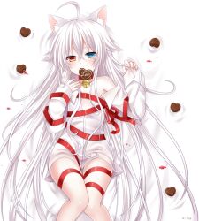  ahoge animal_ears bad_id bad_pixiv_id bare_shoulders bell blue_eyes candy cat_ears chocolate collar commentary_request female food heart heart-shaped_chocolate heterochromia long_hair lying mole mole_under_eye neck_bell on_back original red_eyes red_ribbon ribbon shirt solo tsukikage_nemu very_long_hair white_hair white_shirt yves_astroel 