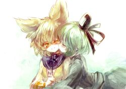  2girls bad_id bad_pixiv_id blonde_hair blush bracelet cis_(carcharias) closed_eyes dress green_dress green_hair hat jewelry kissing kissing_cheek long_sleeves multiple_girls short_hair sleeveless smile soga_no_tojiko tate_eboshi touhou toyosatomimi_no_miko white_background yellow_eyes yuri 