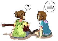  2girls ? brown_eyes brown_hair casual commentary_request electric_guitar guitar hirasawa_ui hirasawa_yui instrument k-on! multiple_girls myuto_(advent_retribution) ponytail short_hair siblings sisters white_background 