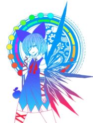  blue_dress blue_skirt boku_(isizakitakasi) bow circle cirno colorful commentary_request dress female gradient hair_over_one_eye hairbow highres ice ice_wings no_nose ribbon short_dress short_hair skirt smirk solo touhou wings 