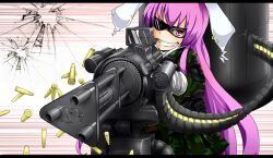  animal_ears bad_id bad_pixiv_id bullet earrings female gatling_gun grin gun jewelry laser_sight letterboxed long_hair machine_gun mantarou_(shiawase_no_aoi_tori) military military_uniform one-eyed photoshop_(medium) playboy purple_hair rabbit_ears red_eyes reisen_udongein_inaba shell_casing slit_pupils smile solo sunglasses touhou uniform very_long_hair weapon 