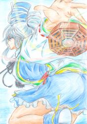  bad_id bad_pixiv_id blue_eyes colored_pencil_(medium) female frills grey_hair hat japanese_clothes kariginu long_hair long_sleeves mini-hakkero mononobe_no_futo ponytail smile solo tate_eboshi touhou traditional_media weapon wide_sleeves yin_yang you_(esparda) 