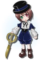  brown_hair chibi commentary_request female green_eyes hat heterochromia highres kodona lolita_fashion looking_at_viewer pantyhose porkpie_hat red_eyes rozen_maiden scissors short_hair smile solo souseiseki takumi_(rozen_garten) 