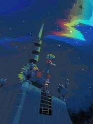  aurora bell_tower_(pokemon) bird dark female ho-oh jirachi kuboba_(guroppa) lyra_(pokemon) night pokemon pokemon_(creature) pokemon_hgss sitting star_(symbol) statue tegaki tower 