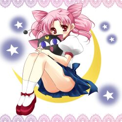  back_bow bad_id bad_pixiv_id bare_legs bishoujo_senshi_sailor_moon bishoujo_senshi_sailor_moon_r blush bow chibi_usa cone_hair_bun crescent_moon double_bun female full_body hair_bun luna-p moon pink_hair puffy_sleeves red_eyes sakuragawa_chiki school_uniform shoes short_hair sitting solo star_(symbol) toy twintails 