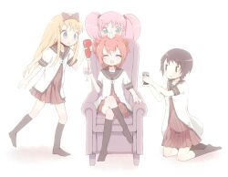  4girls ^_^ akaza_akari black_hair black_socks blonde_hair blue_eyes closed_eyes commentary_request funami_yui glass kneeling long_hair multiple_girls nanamori_school_uniform niizuka_(c-drop) pink_hair red_hair school_uniform serafuku short_hair sitting socks toshinou_kyouko yoshikawa_chinatsu yuru_yuri 