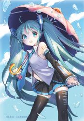  aqua_eyes aqua_hair blush_stickers chachie cloud commentary_request day female hatsune_miku long_hair looking_at_viewer nail_polish outdoors photoshop_(medium) sky smile solo thighhighs twintails umbrella very_long_hair vocaloid zettai_ryouiki 