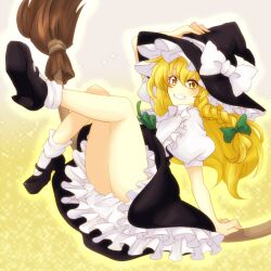  akasata bad_id bad_pixiv_id blonde_hair bow broom female frills grin hairbow hat hat_bow kirisame_marisa long_hair mary_janes puffy_sleeves shoes short_sleeves smile solo sparkle touhou white_bow witch_hat yellow_eyes 