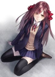  alternate_costume black_thighhighs blazer brown_hair commentary_request cybele_(lord_of_vermilion) female jacket long_hair lord_of_vermilion makimura_shunsuke revision school_uniform sitting skirt smile solo sweater thighhighs yellow_eyes 