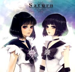  2girls bad_id bad_pixiv_id bishoujo_senshi_sailor_moon black_bow bow brooch character_name choker crystal dual_persona jewelry lips magical_girl multiple_girls neck parted_lips photoshop_(medium) purple_sailor_collar sailor_collar sailor_saturn sailor_senshi_uniform say_hana short_hair star_(symbol) star_brooch star_choker time_paradox tomoe_hotaru 