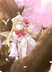  bird blonde_hair blush bow capelet cherry_blossoms closed_eyes commentary_request dress female hat highres lily_white long_hair solo sparrow touhou tree yutamaro 