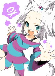  animal_ear_fluff animal_ears blue_eyes cat_ears cat_tail commentary_request dress female freckles hair_bobbles hair_ornament kemonomimi_mode looking_at_viewer mofuaki pokemon pokemon_bw2 roxie_(pokemon) short_dress solo striped_clothes striped_dress tail topknot white_hair 