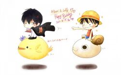  2boys angry animal bird birthday black_hair black_pants cake chibi crossover food fork going_merry hat hedgehog hibari_kyouya hibird katekyo_hitman_reborn! male male_focus monkey_d_luffy multiple_boys one_piece pants red_vest riding sandals scar school_uniform shorts smile sparkle sparkles straw_hat uniform 