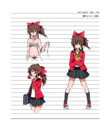  alternate_costume bag bloomers bow brown_eyes brown_hair can character_name commentary_request contemporary dated drinking female hair_tubes hairbow hakurei_reimu jacket myuto_(advent_retribution) navel photoshop_(medium) pleated_skirt reference_sheet sarashi school_uniform serafuku shoes short_hair skirt smirk sneakers socks touhou underwear underwear_only 