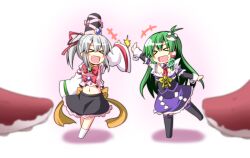  &gt;_&lt; +++ 2girls :d alternate_costume blush_stickers bow brooch closed_eyes commentary_request embellished_costume frog_hair_ornament green_hair grey_hair hair_ornament hat hat_ribbon ichimi jewelry kochiya_sanae long_hair long_sleeves magical_girl midriff mononobe_no_futo multiple_girls navel necktie open_mouth photoshop_(medium) ponytail ribbon smile snake tentacle thighhighs touhou wide_sleeves xd 